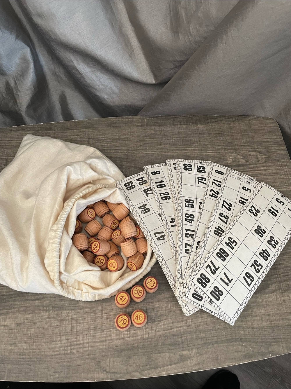Vintage Russian Lotto Game Set, Soviet Lotto 90 Wooden Barrels & 24 Cards